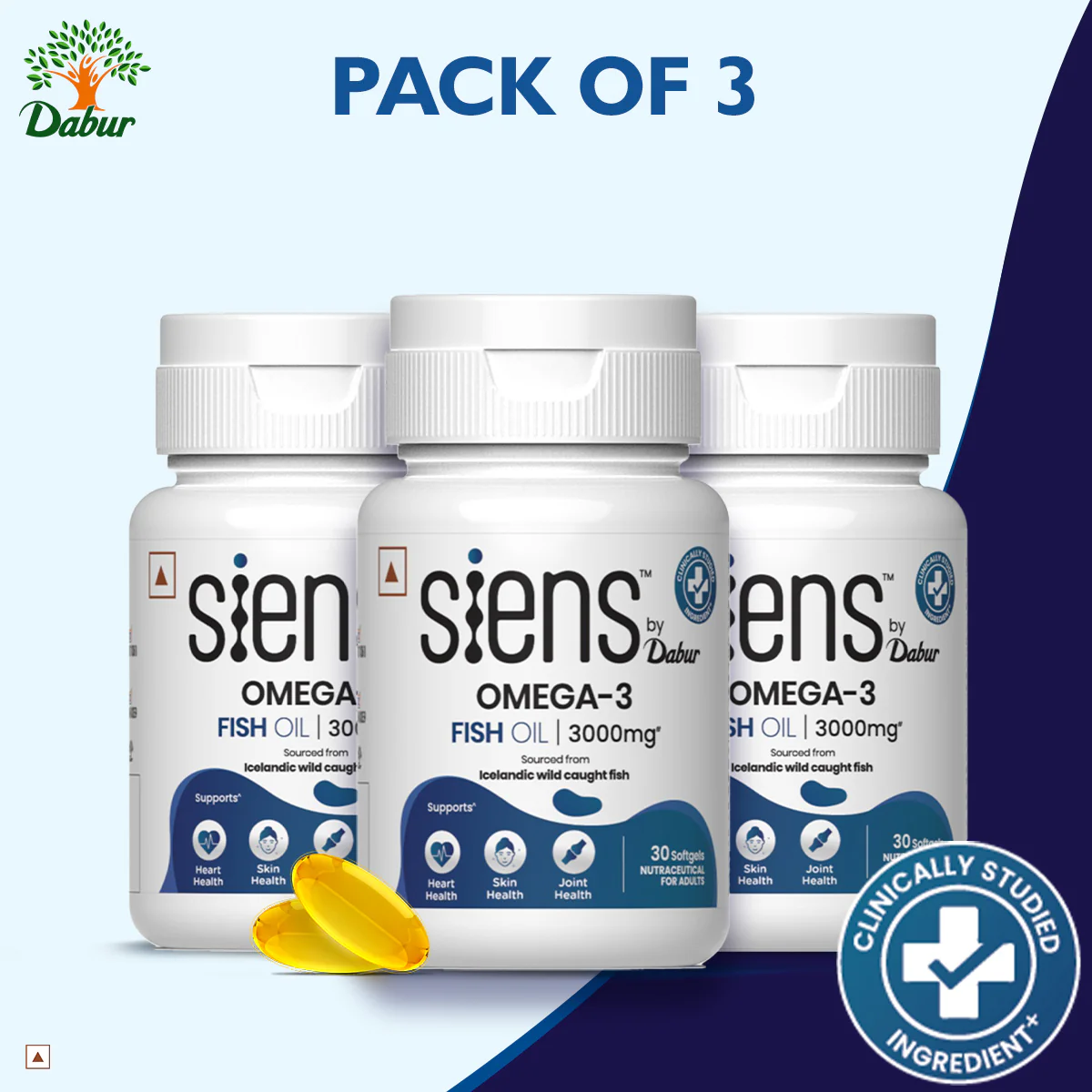 Siens By Dabur Omega-3 Capsules with Fish Oil | 180mg EPA & 120mg DHA | 30 soft gels | Supports Heart, Skin & Joint Health - Image 6